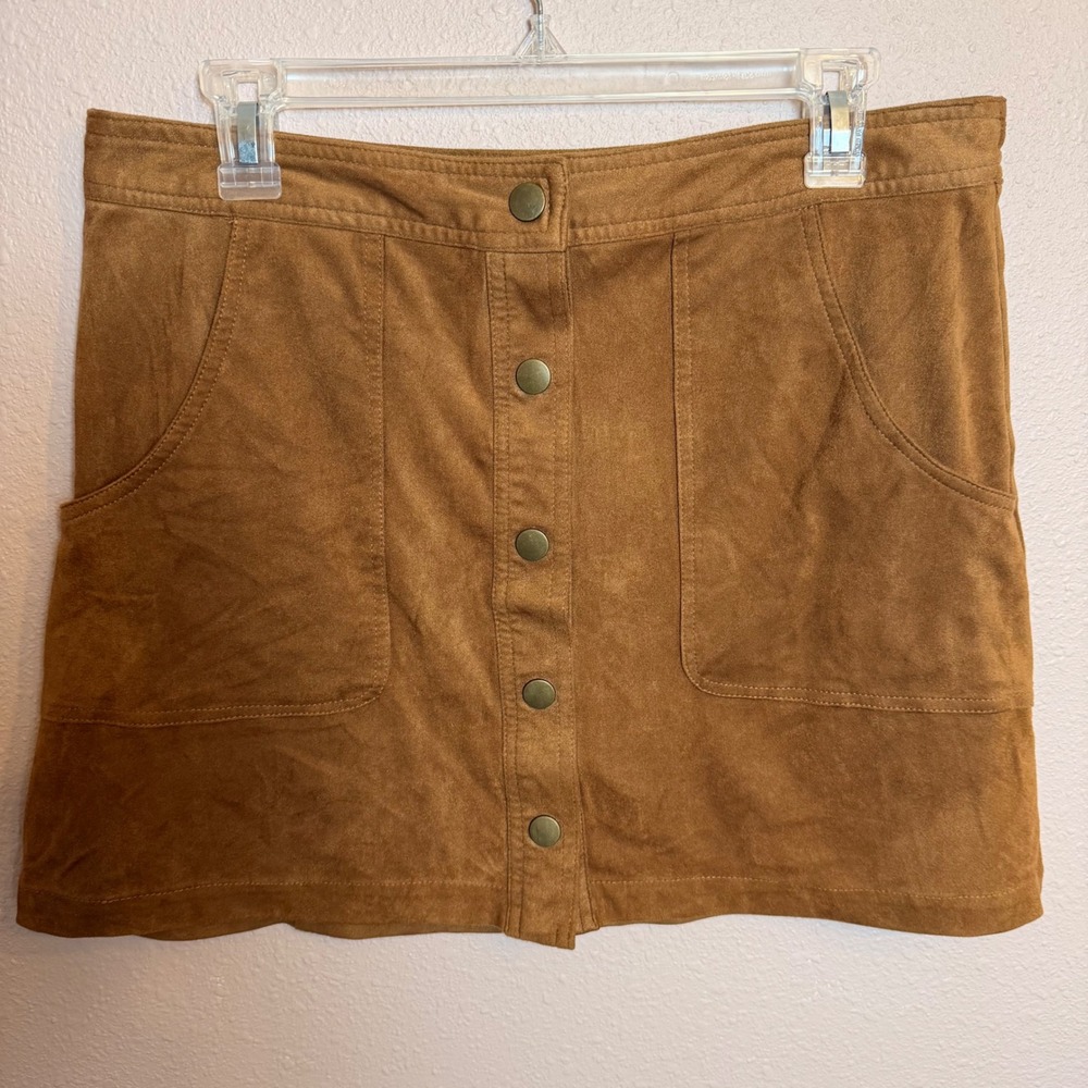 Melville Brown Faux Suede Button Front Mini Skirt Size L Camel Tan A-Line Pocket